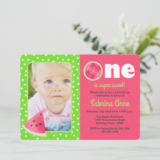 スイカ最初の誕生日ワンは甘い写真 招待状 (スタンド正面)