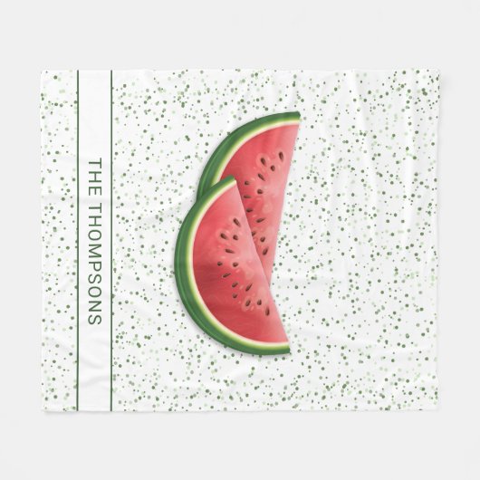 スイカ果実切片と緑のドット付き文字 フリースブランケット (正面(横))