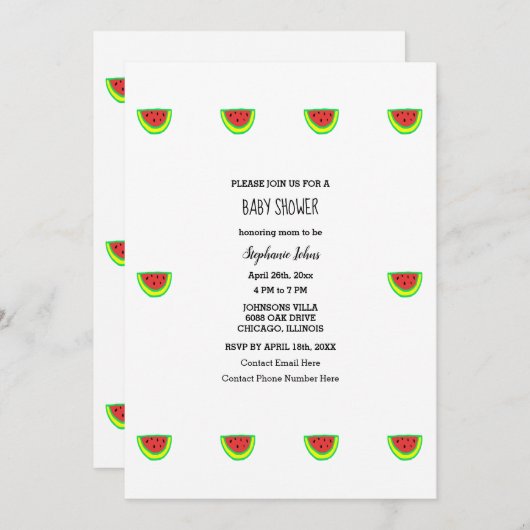 スイカ模様ベビーシャワーベビーガールボーイ2024 招待状 (正面/裏面)