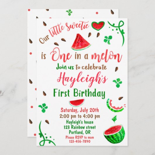 スイカ誕生日の招待ガール最初の誕生日 招待状 (正面/裏面)