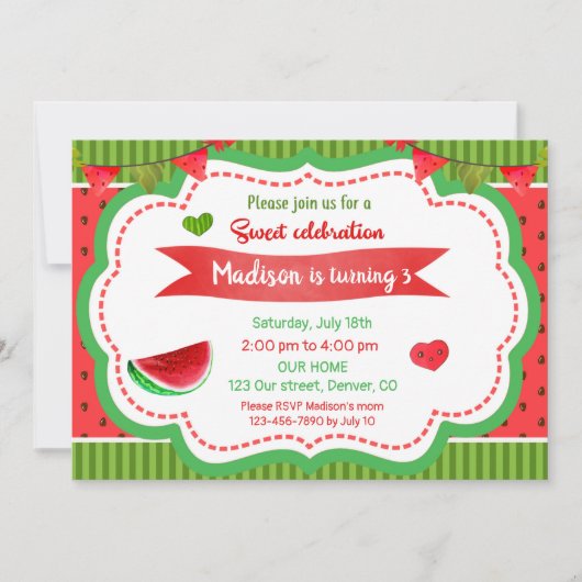 スイカ誕生日の招待状1st誕生日パーティー 招待状 (正面)