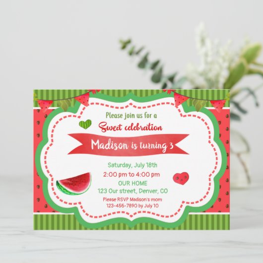 スイカ誕生日の招待状1st誕生日パーティー 招待状 (スタンド正面)