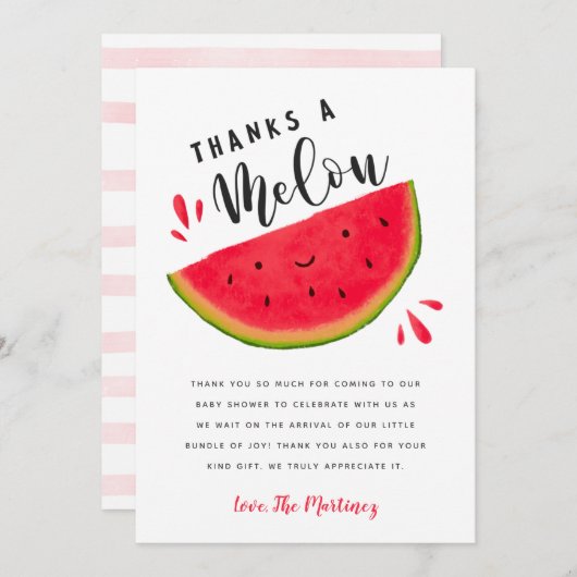 スイカ赤とピンクの赤ちゃんシャワー サンキューカード (正面/裏面)