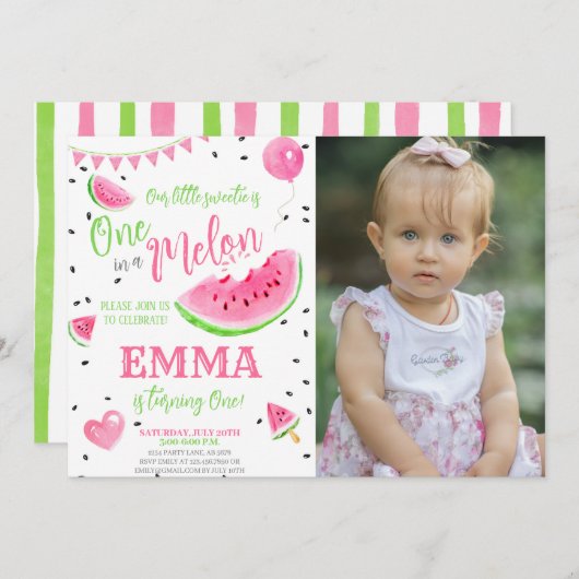 スイカ1つメロンの最初の誕生日の写真 招待状 (正面/裏面)