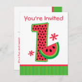 スイカ1歳ストライプ誕生日 インビテーションポストカード (正面/裏面)