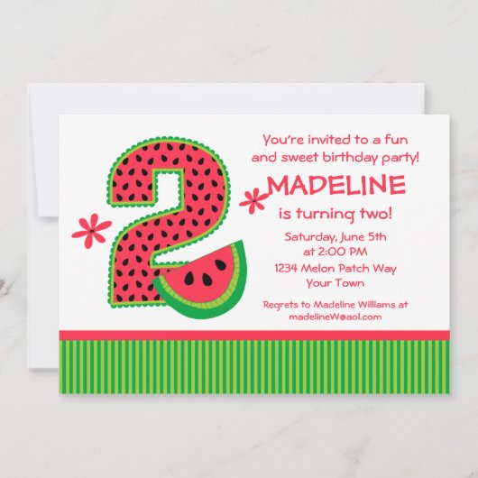 スイカ2歳の誕生日ストライプ 招待状 (正面)