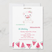 スイカ、かわいいテディベア夏のパーティー誕生日 招待状 (正面)