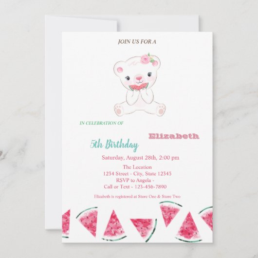 スイカ、かわいいテディベア夏のパーティー誕生日 招待状 (正面)