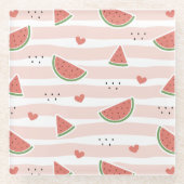 スイカ、ハート、ストライプ夏のパターン ガラスコースター (正面)