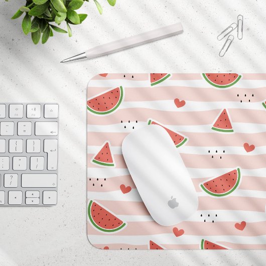 スイカ、ハート、ストライプ夏のパターン マウスパッド