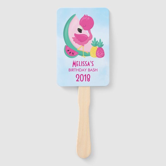 スイカ&パイナップル付きピンクフラミンゴ ハンドファン (正面)