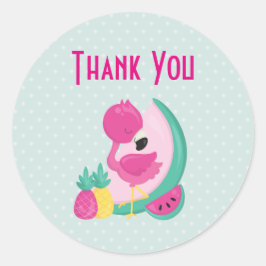 スイカ&パイナップル付きピンクフラミンゴ ラウンドシール