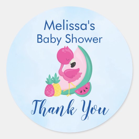 スイカ&パイナップル付きピンクフラミンゴ ラウンドシール (正面)