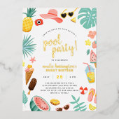 スイカ、パイナップル、トロピカル葉プールパーティー 箔招待状 (正面)