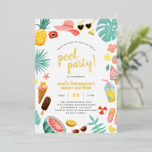 スイカ、パイナップル、トロピカル葉プールパーティー 箔招待状 (立ち正面)
