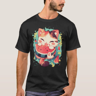 スイカ 猫 カラフル アートワーク スイカ フルーツ Tシャツ