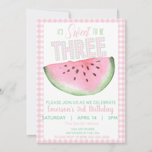 スイカ, 3歳おめでとう, 女の子の水彩画 招待状 (正面)