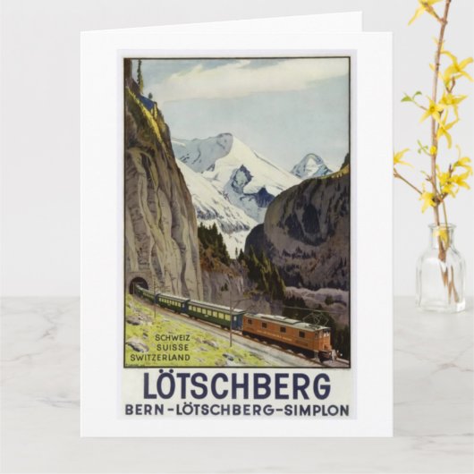 スイスでのヴィンテージ鉄道の休暇 カード (黄色い花)