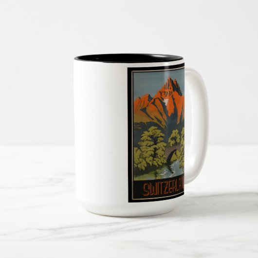 スイスのアルプスのヴィンテージ旅行ポスター ツートーンマグカップ (正面右)