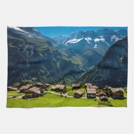 スイスのアルプス-スイス連邦共和国のGimmelwald キッチンタオル (横)