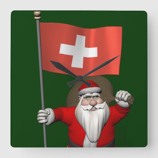 スイスのエンサインを持つサンタクロース スクエア壁時計 (正面)