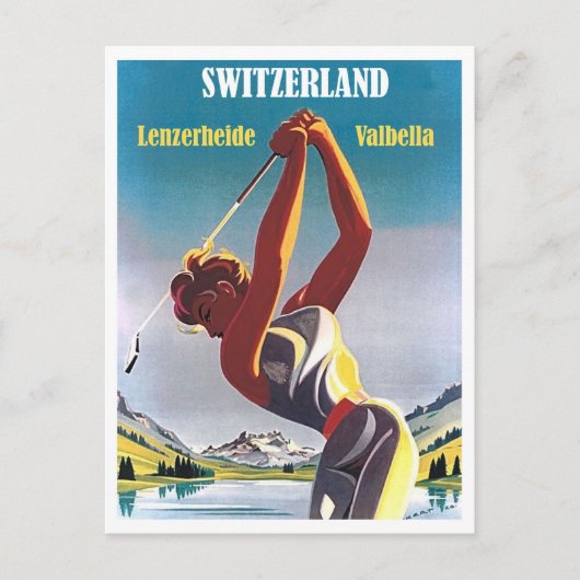 スイスのゴルフをする女性、Lenzerheide、Valbella ポストカード (正面)
