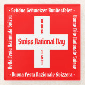 スイスのナショナルデー四言語スイス国旗 ガラスコースター (正面)