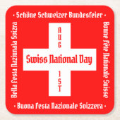 スイスのナショナルデー四言語スイス国旗 スクエアペーパーコースター (正面)