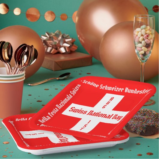 スイスのナショナルデー四言語スイス国旗 ペーパープレート (複数)