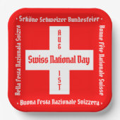 スイスのナショナルデー四言語スイス国旗 ペーパープレート (正面)