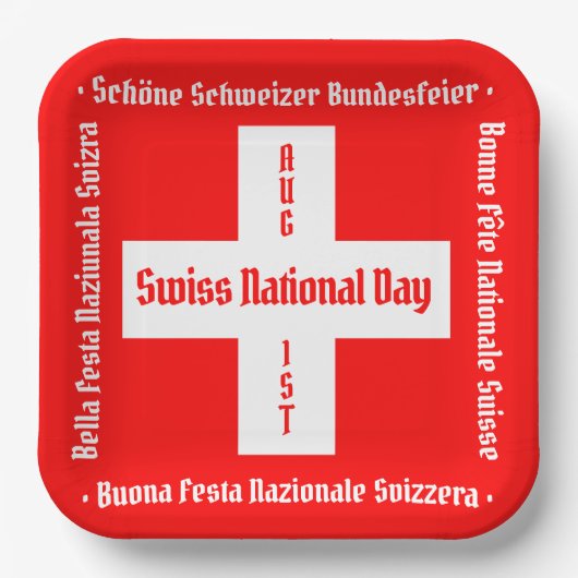スイスのナショナルデー四言語スイス国旗 ペーパープレート (正面)