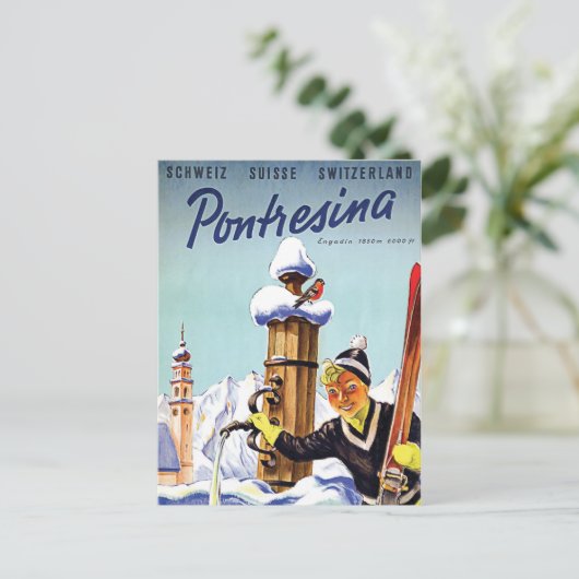 スイスのポントレジーナでスキーをする少女 ポストカード (スタンド正面)