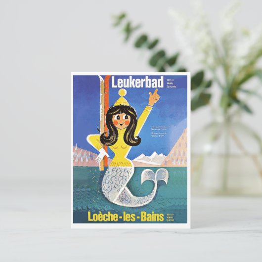 スイスのロイカーバッドとマーメイドとスキー用品 ポストカード (スタンド正面)