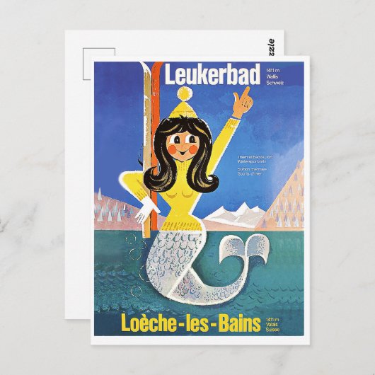 スイスのロイカーバッドとマーメイドとスキー用品 ポストカード (正面/裏面)
