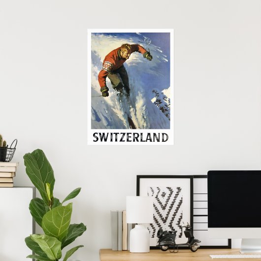 スイスの冬の休日，スキーマン，ヴィンテージ ポスター (ホームオフィス)
