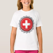 スイスの国旗の瓶の蓋 赤と白のクロス Tシャツ (正面)