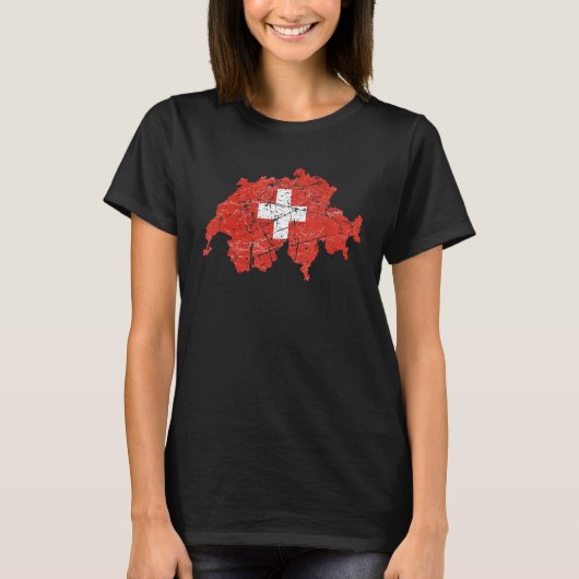 スイスの地図とスイスの国動揺して旗 Tシャツ (正面)