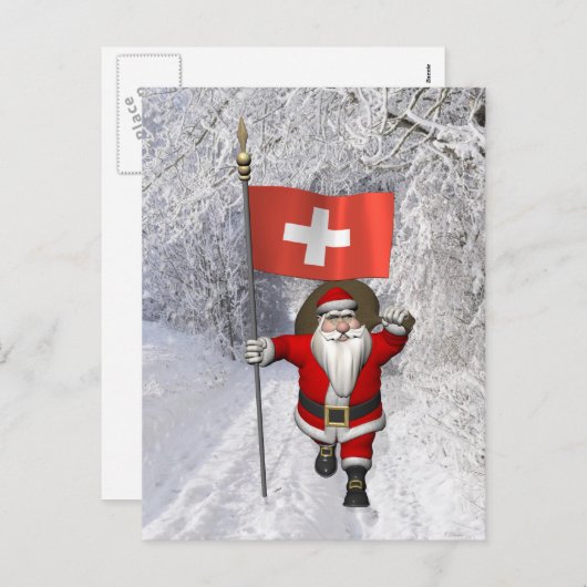 スイスの看板のあるサンタクロース シーズンポストカード (正面/裏面)