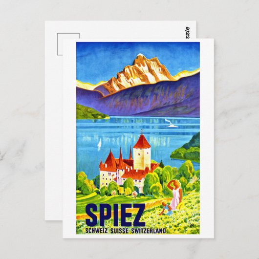 スイスの街の前の緑のフィールドSpiez ポストカード (正面/裏面)
