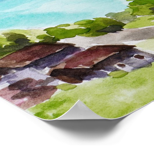 スイスの風景の絵を描水色 ポスター (角)