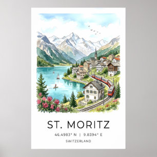 スイスの風景芸術 サンモリッツの水彩画 - アルプス ポスター
