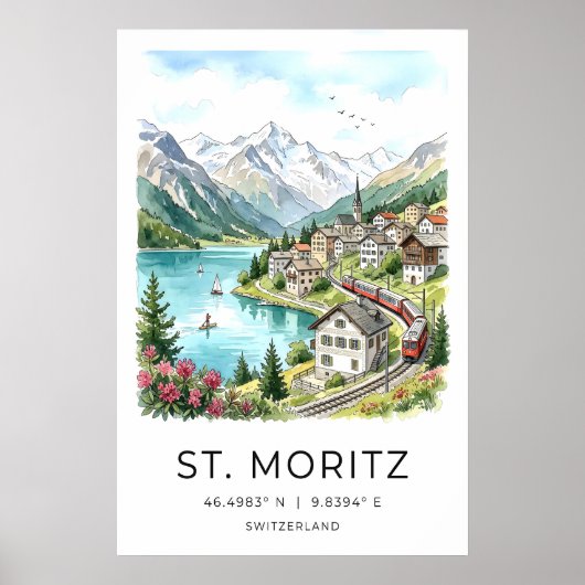 スイスの風景芸術 サンモリッツの水彩画 - アルプス ポスター (正面)
