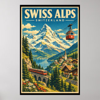 スイスアルプスのヴィンテージトラベルアート スイス 山 ポスター