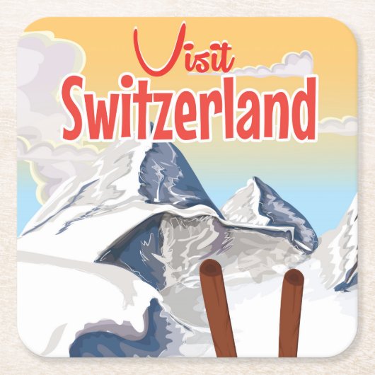 スイススキー旅行ポスター スクエアペーパーコースター (正面)