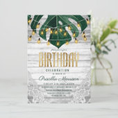 スイスチーズリーフストリングライトレース金ゴールド誕生日 招待状 (スタンド正面)