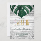 スイスチーズリーフホワイトウッドレース金ゴールドスイート16 招待状 (正面)