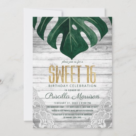 スイスチーズリーフホワイトウッドレース金ゴールドスイート16 招待状 (正面)