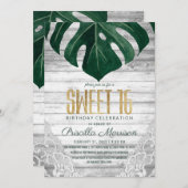 スイスチーズリーフホワイトウッドレース金ゴールドスイート16 招待状 (正面/裏面)