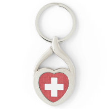 スイス国旗のツイストハート金属キーチェーン