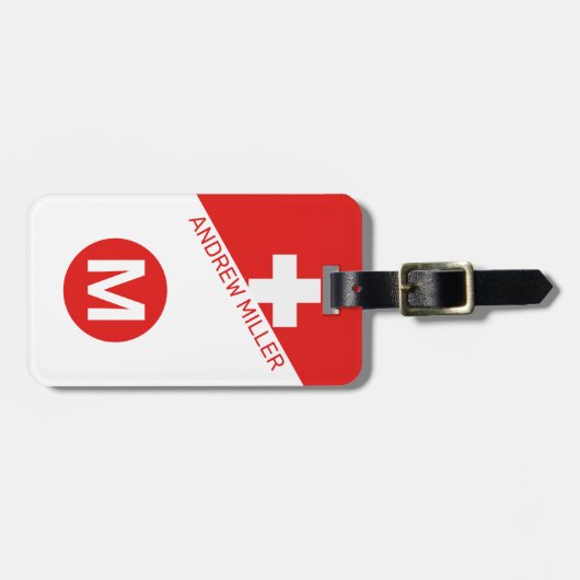 スイス国旗のパーソナライズされた旅行モダン荷物 ラゲッジタグ (正面横)